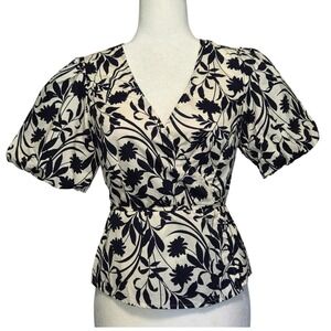 Old Navy Floral Wrap Top Womens S Navy Ivory‎ Puff Sleeve Feminine Cottagecore